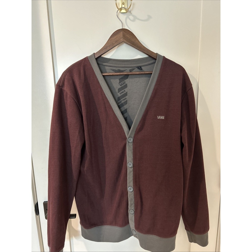 Vans Button-Up Cardigan Mens Size S Maroon/Gray TIE Print Inside Grandpa Sweater